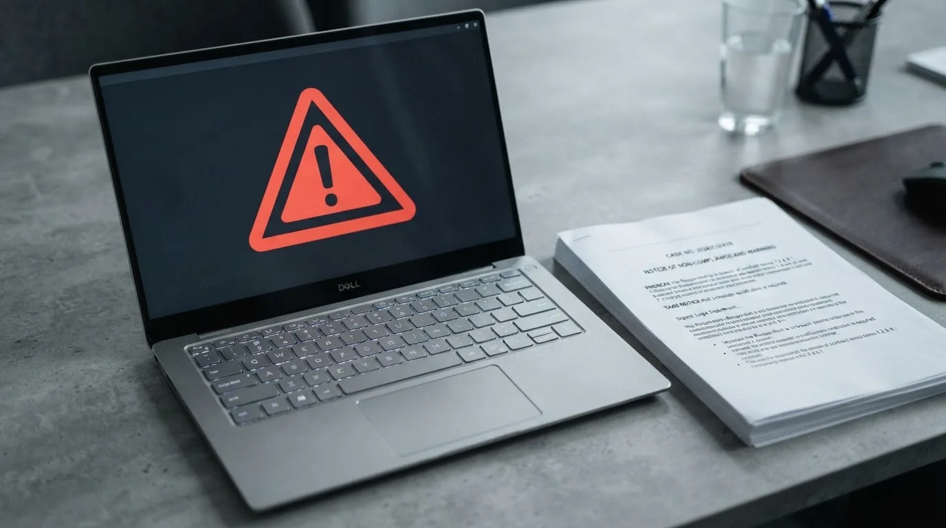 A red triangular warning sign icon on a laptop screen next to a stack of legal papers, symbolising an official caution rather than any specific website.