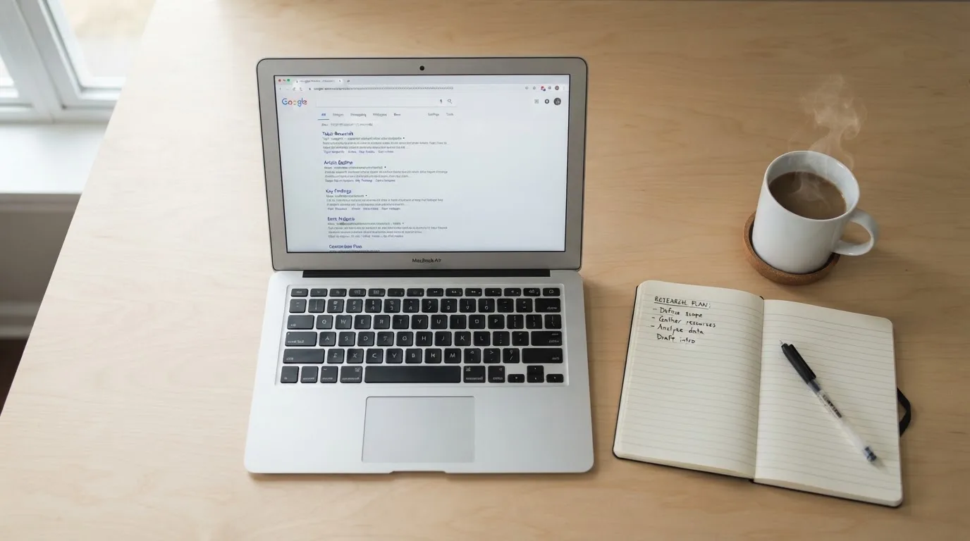 A tidy desk with a laptop open on a plain search-results page, a notebook and a coffee cup beside it, no screens showing any casino branding.
