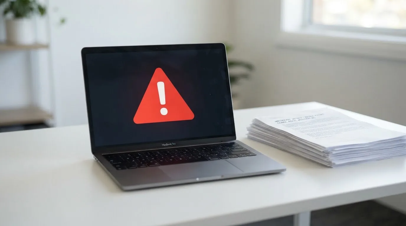 A red triangular warning sign icon on a laptop screen next to a stack of legal papers, symbolising an official caution rather than any specific website.