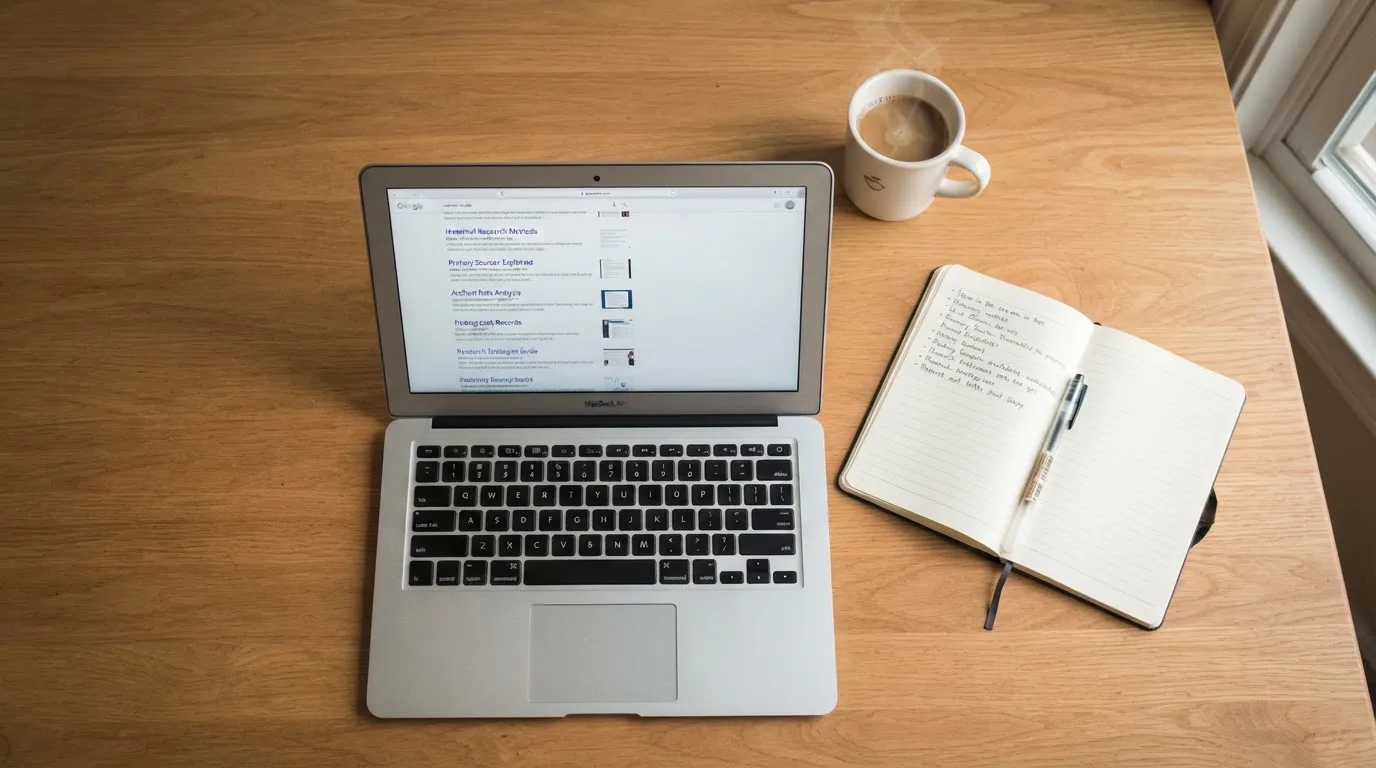 A tidy desk with a laptop open on a plain search-results page, a notebook and a coffee cup beside it, no screens showing any casino branding.