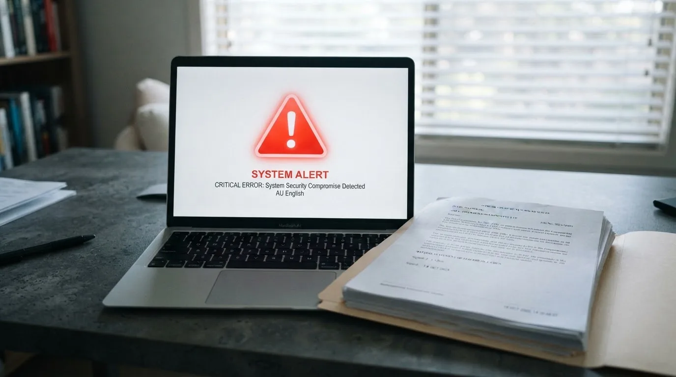 A red triangular warning sign icon on a laptop screen next to a stack of legal papers, symbolising an official caution rather than any specific website.