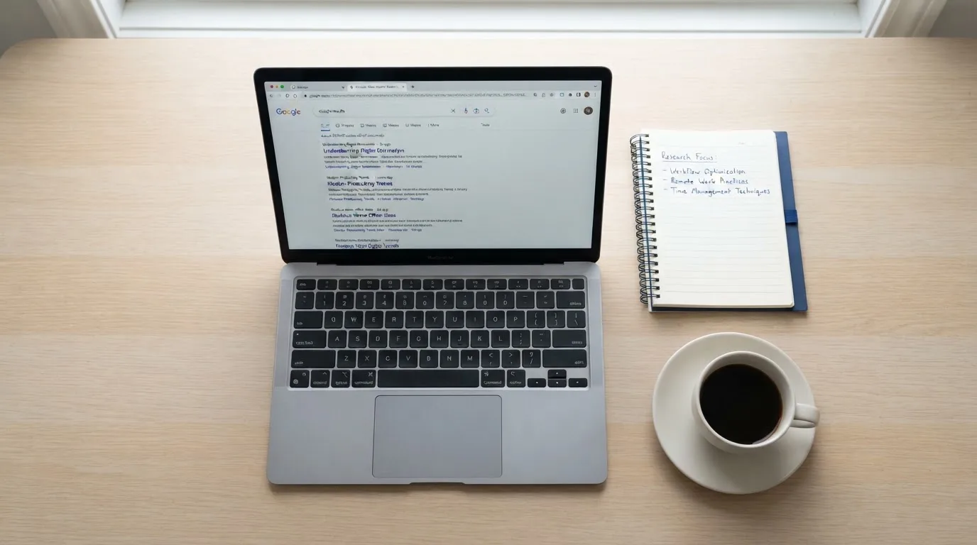 A tidy desk with a laptop open on a plain search-results page, a notebook and a coffee cup beside it, no screens showing any casino branding.