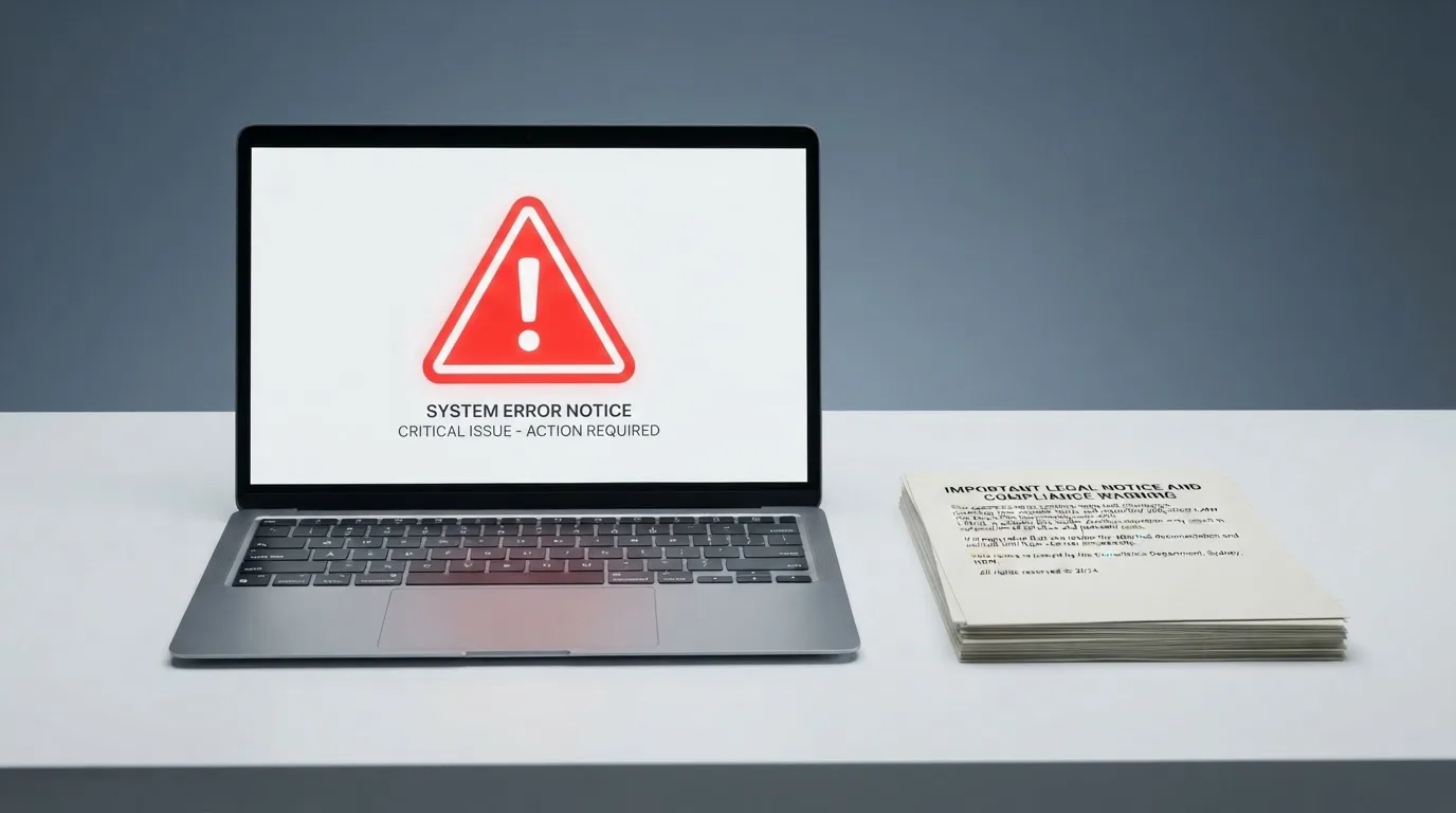 A red triangular warning sign icon on a laptop screen next to a stack of legal papers, symbolising an official caution rather than any specific website.