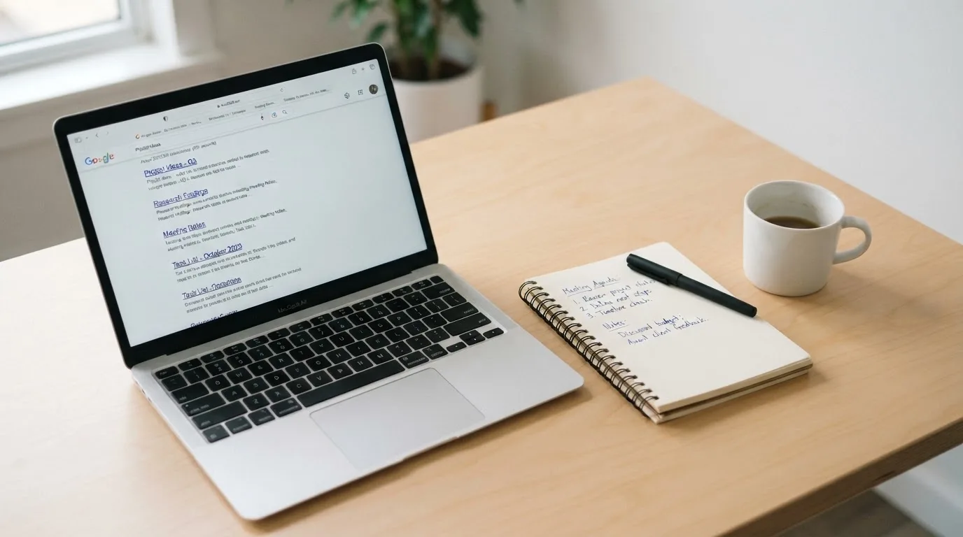 A tidy desk with a laptop open on a plain search-results page, a notebook and a coffee cup beside it, no screens showing any casino branding.