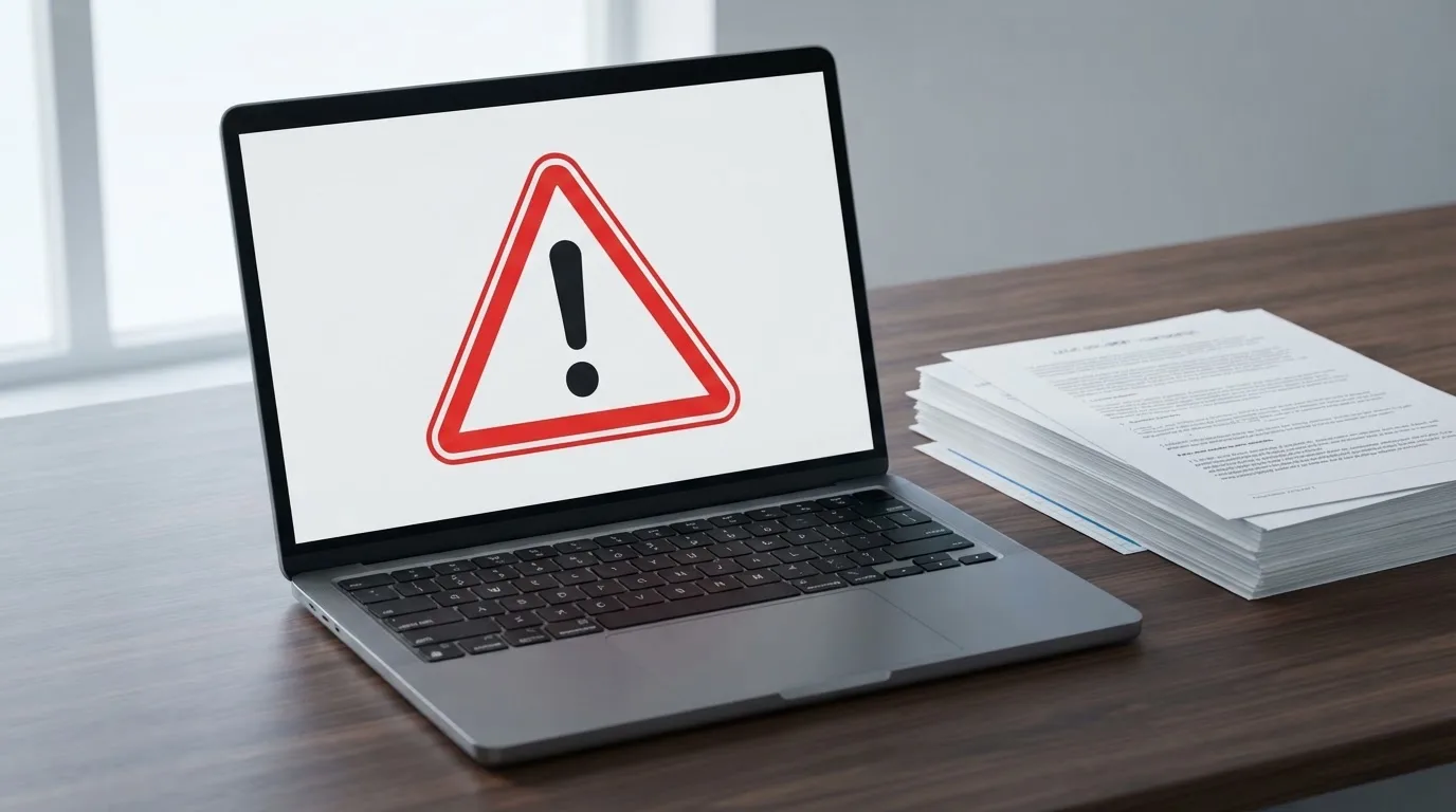 A red triangular warning sign icon on a laptop screen next to a stack of legal papers, symbolising an official caution rather than any specific website.