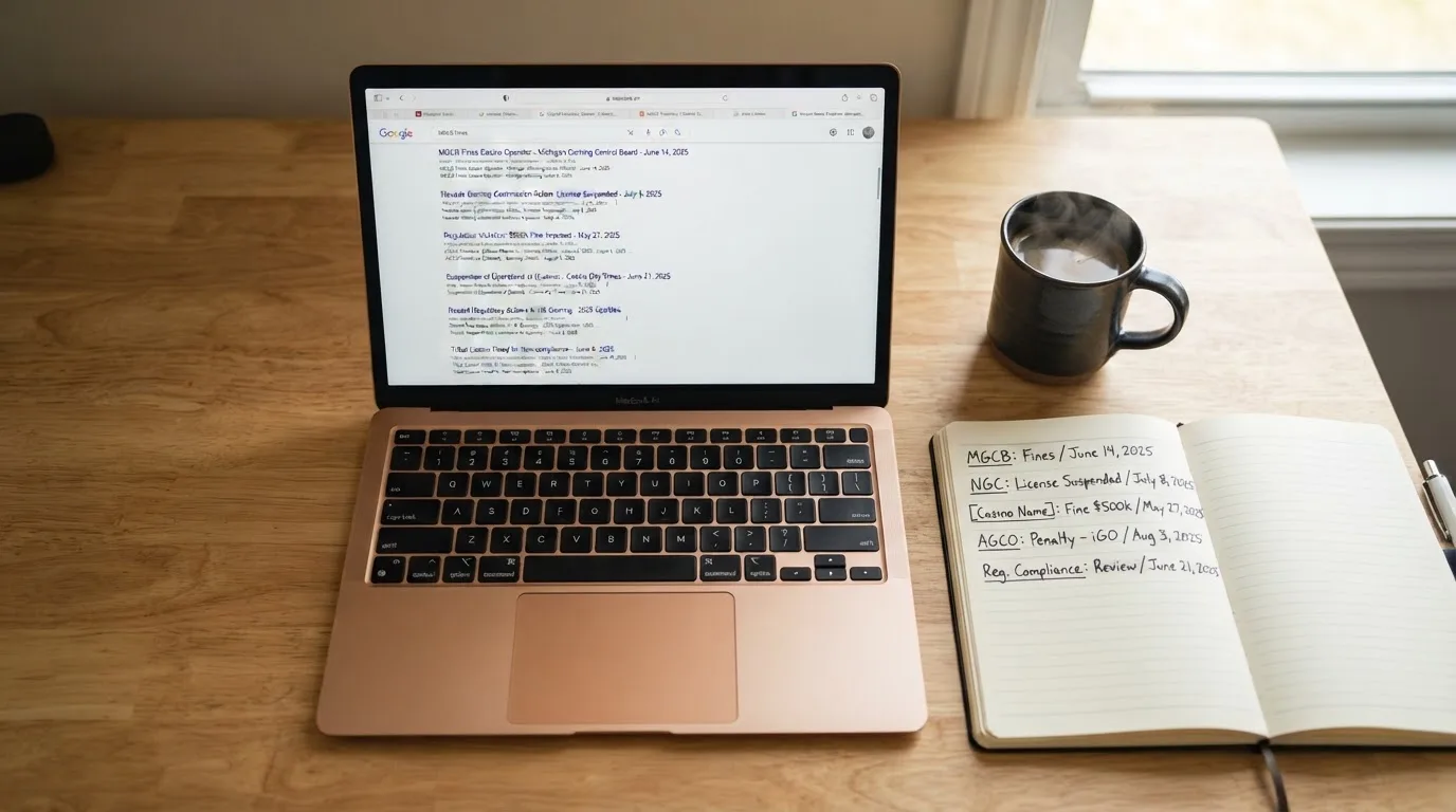 A tidy desk with a laptop open on a plain search-results page, a notebook and a coffee cup beside it, no screens showing any casino branding.