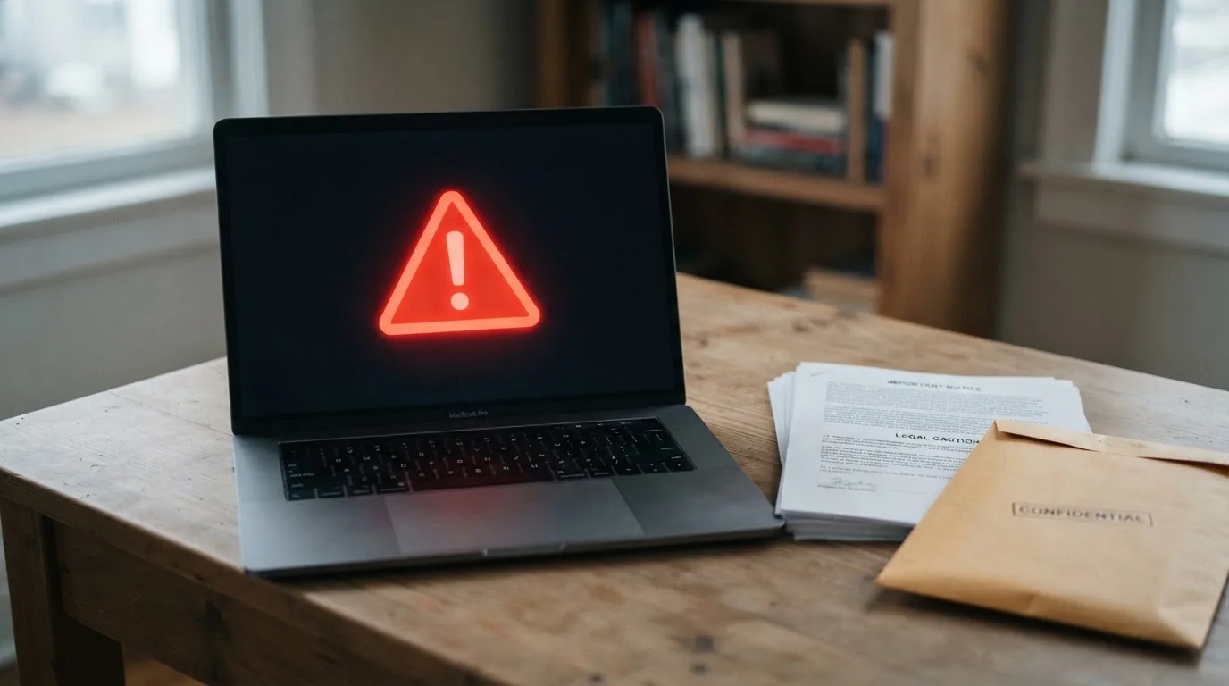 A red triangular warning sign icon on a laptop screen next to a stack of legal papers, symbolising an official caution rather than any specific website.