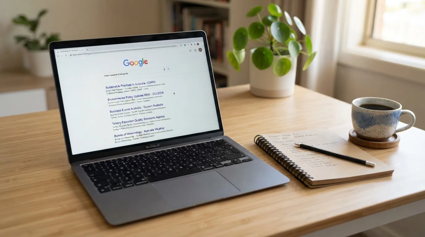 A tidy desk with a laptop open on a plain search-results page, a notebook and a coffee cup beside it, no screens showing any casino branding.