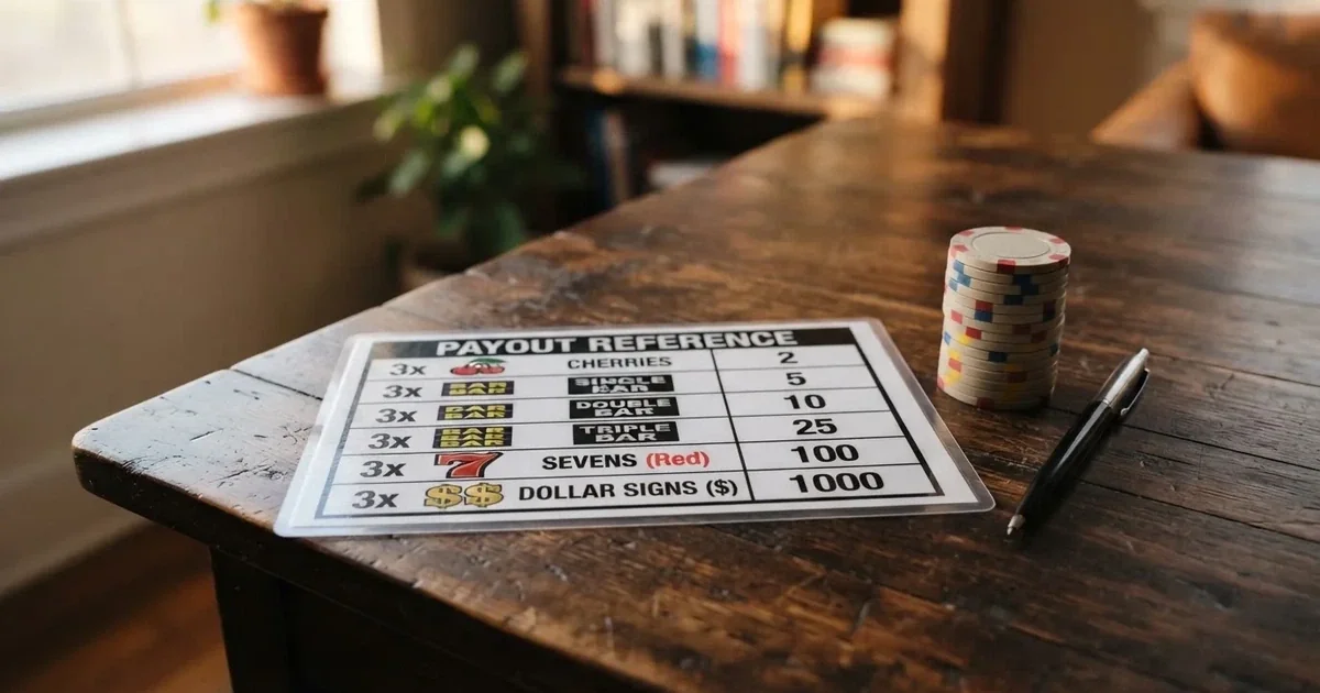 A printed strip of generic slot symbols and payout numbers laid on a desk, like a reference chart rather than a live game.