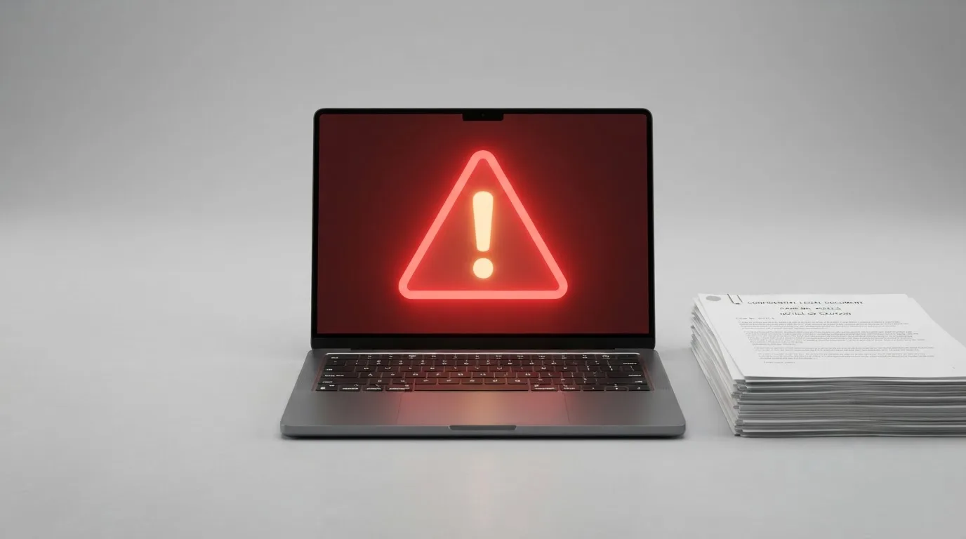A red triangular warning sign icon on a laptop screen next to a stack of legal papers, symbolising an official caution rather than any specific website.