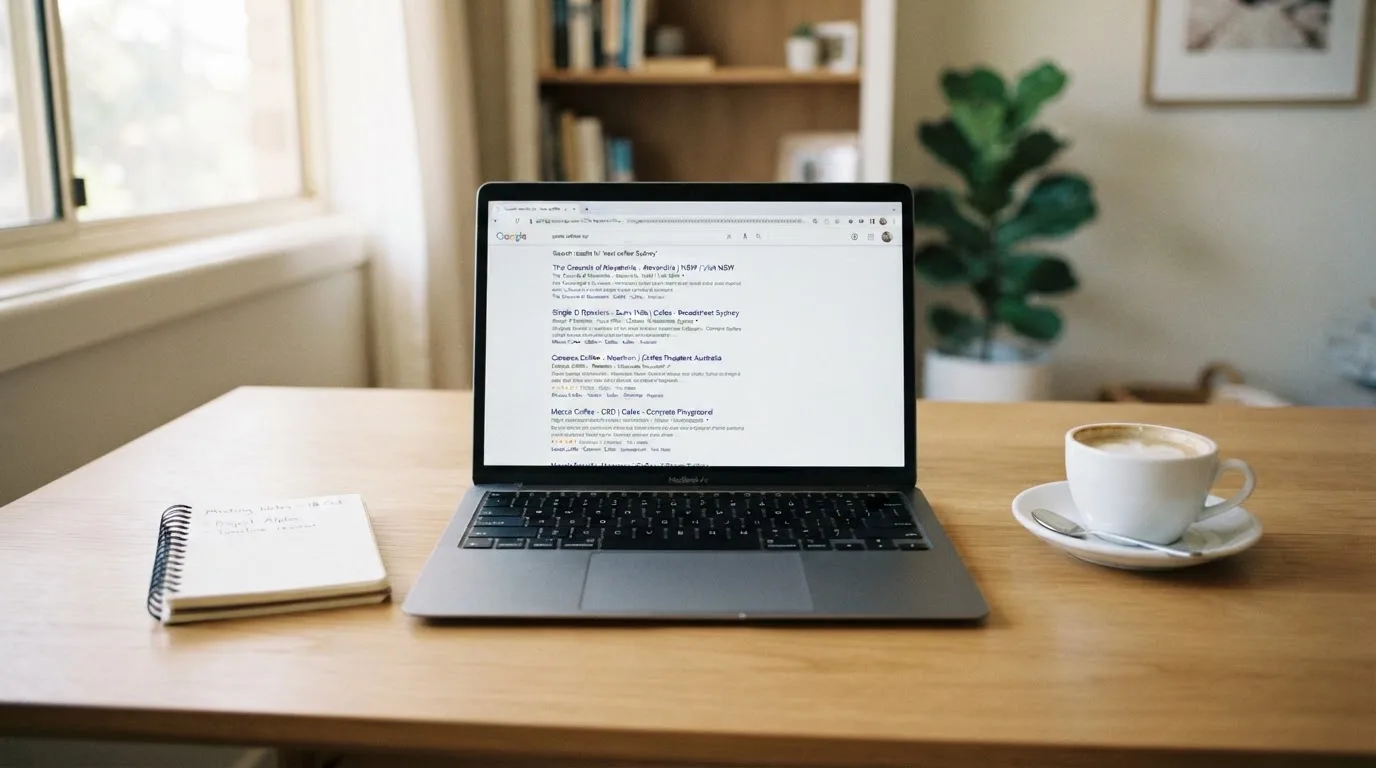 A tidy desk with a laptop open on a plain search-results page, a notebook and a coffee cup beside it, no screens showing any casino branding.