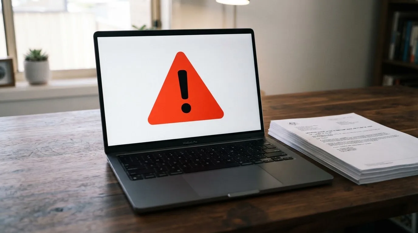 A red triangular warning sign icon on a laptop screen next to a stack of legal papers, symbolising an official caution rather than any specific website.