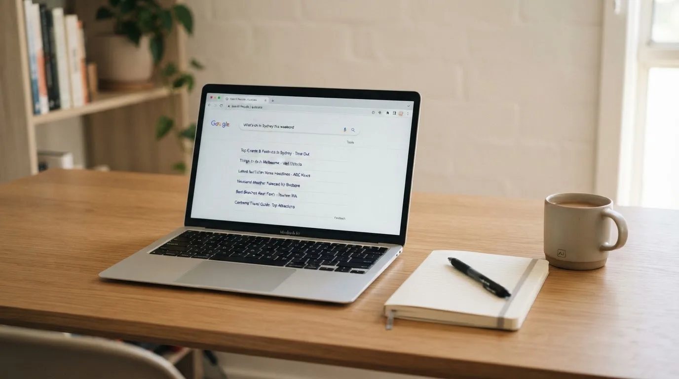 A tidy desk with a laptop open on a plain search-results page, a notebook and a coffee cup beside it, no screens showing any casino branding.