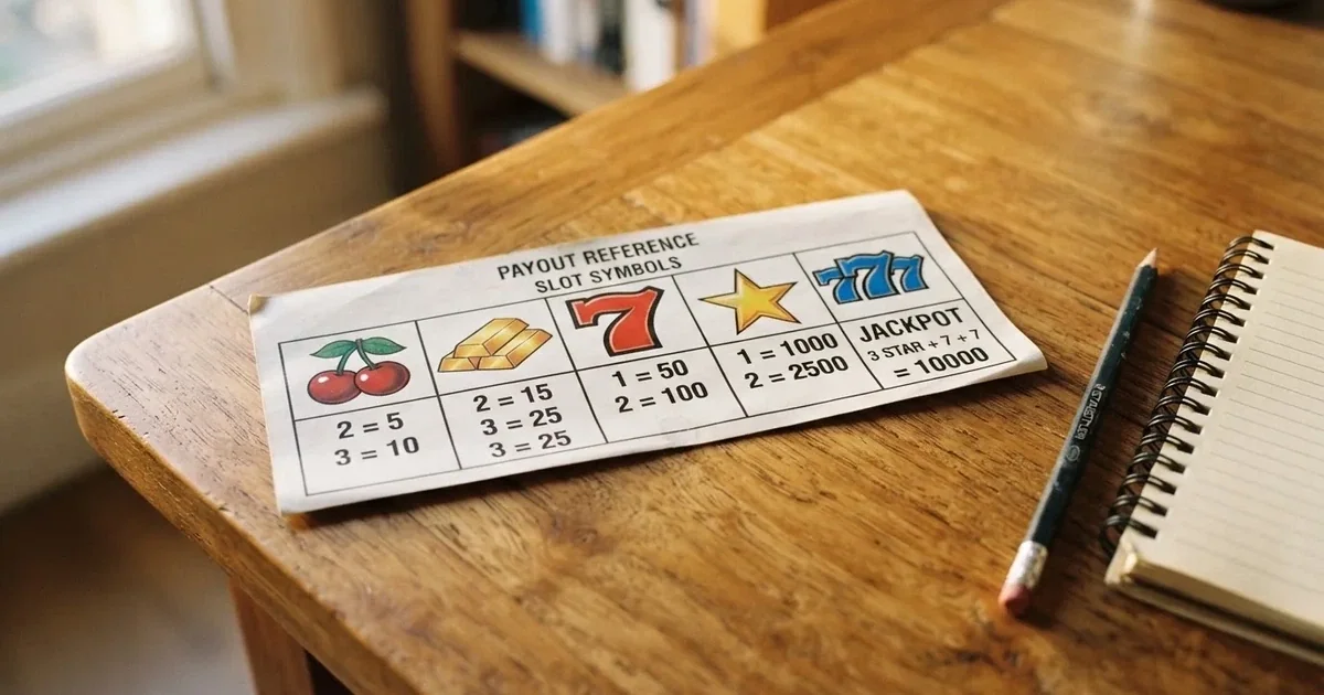 A printed strip of generic slot symbols and payout numbers laid on a desk, like a reference chart rather than a live game.