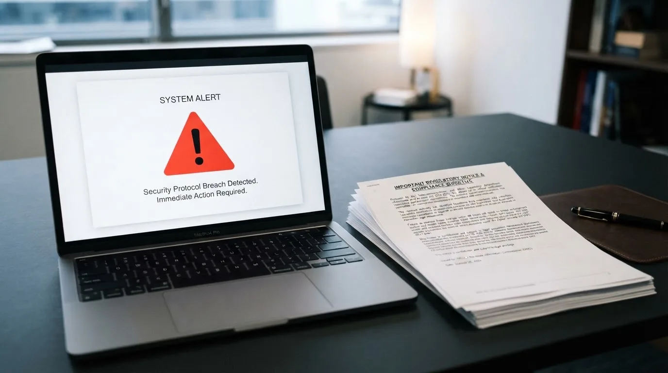 A red triangular warning sign icon on a laptop screen next to a stack of legal papers, symbolising an official caution rather than any specific website.