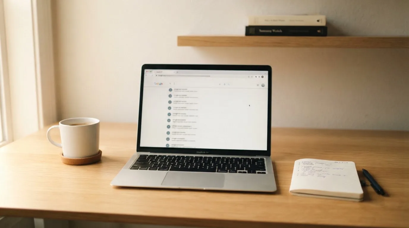 A tidy desk with a laptop open on a plain search-results page, a notebook and a coffee cup beside it, no screens showing any casino branding.