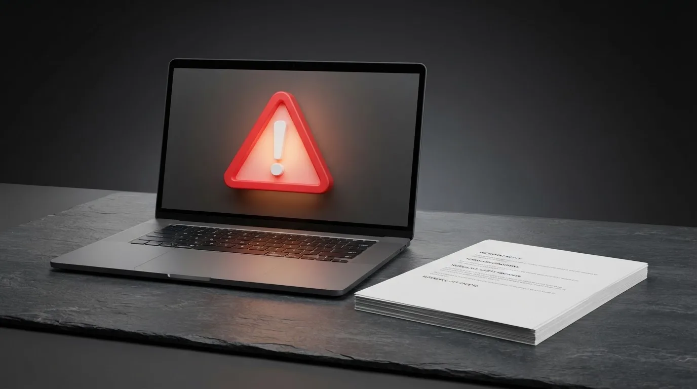 A red triangular warning sign icon on a laptop screen next to a stack of legal papers, symbolising an official caution rather than any specific website.