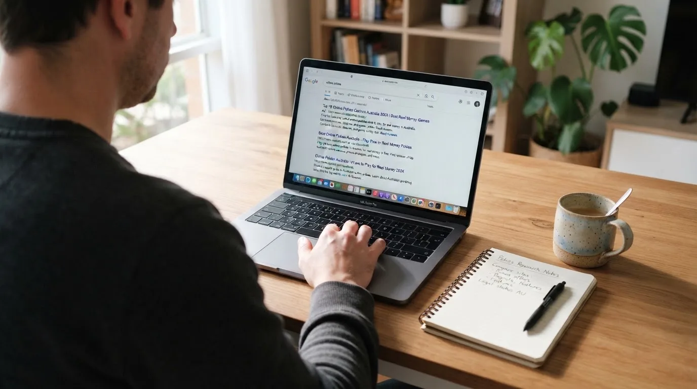 A tidy desk with a laptop open on a plain search-results page, a notebook and a coffee cup beside it, no screens showing any casino branding.