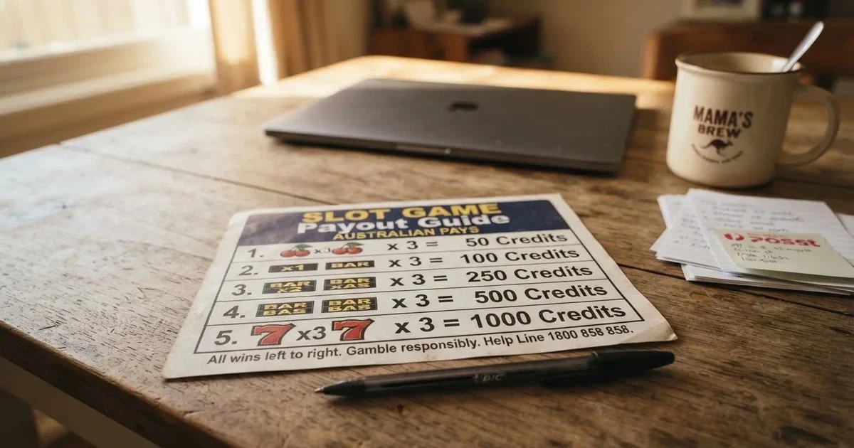 A printed strip of generic slot symbols and payout numbers laid on a desk, like a reference chart rather than a live game.