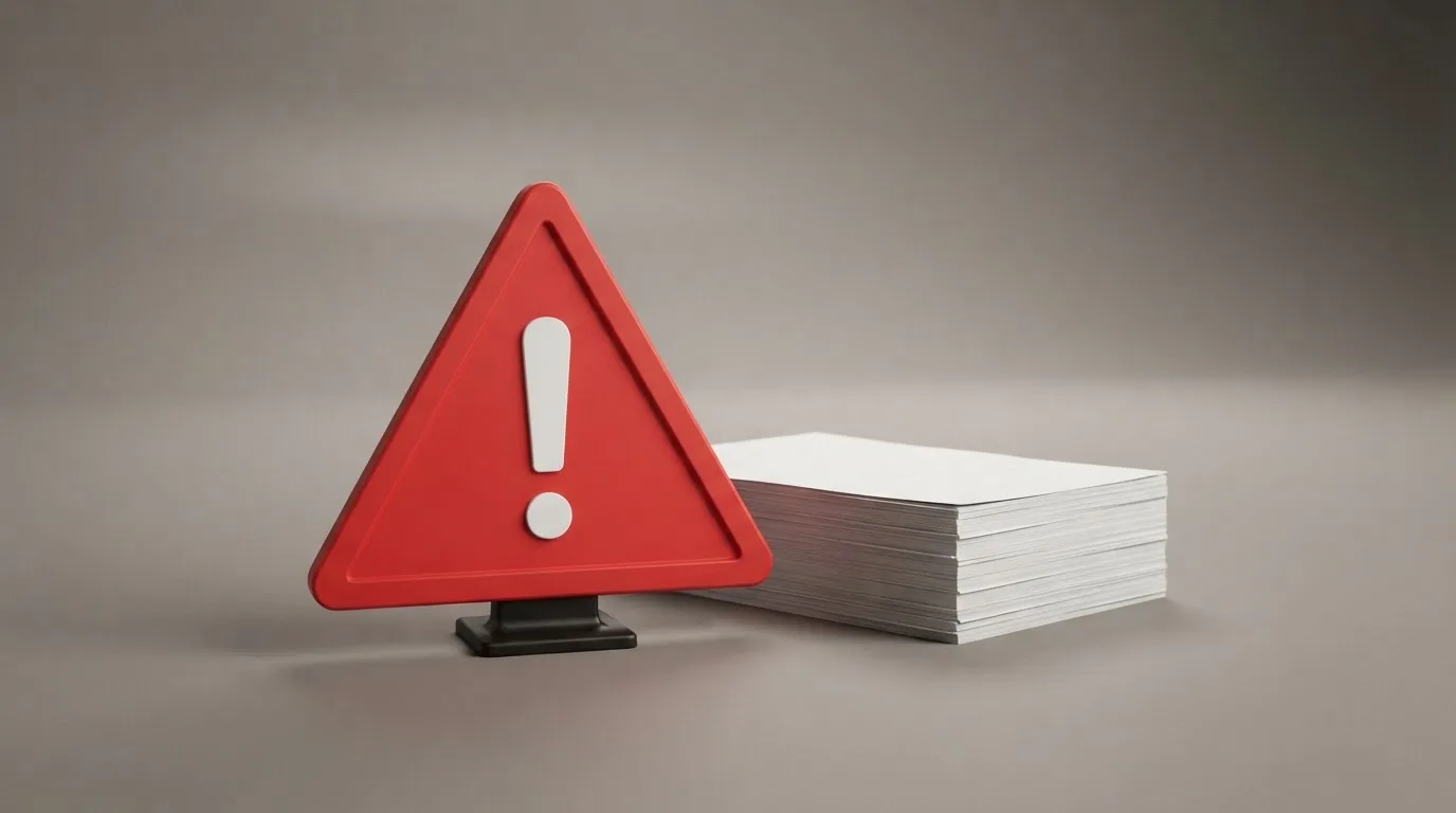 A red triangular warning sign icon on a laptop screen next to a stack of legal papers, symbolising an official caution rather than any specific website.
