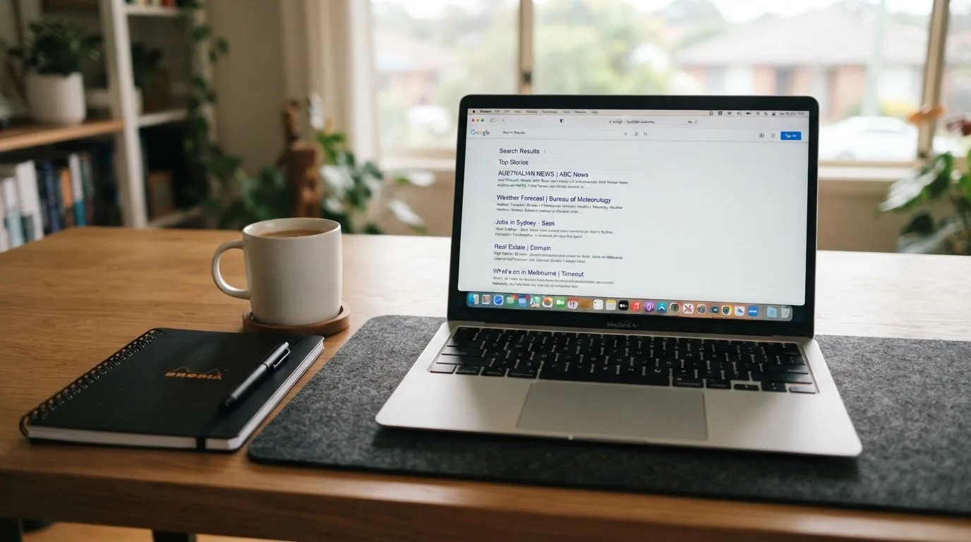 A tidy desk with a laptop open on a plain search-results page, a notebook and a coffee cup beside it, no screens showing any casino branding.