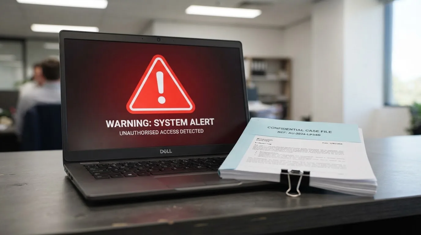 A red triangular warning sign icon on a laptop screen next to a stack of legal papers, symbolising an official caution rather than any specific website.