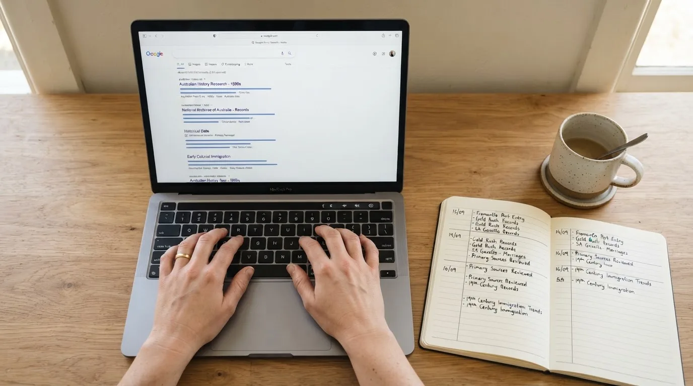A tidy desk with a laptop open on a plain search-results page, a notebook and a coffee cup beside it, no screens showing any casino branding.