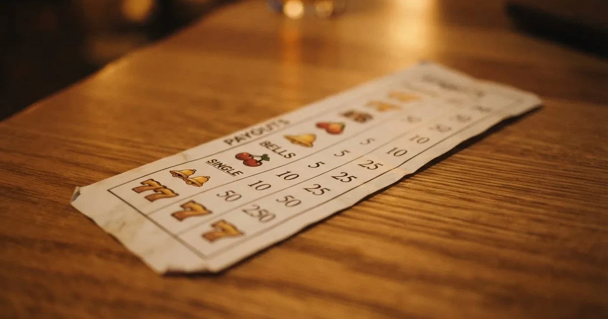 A printed strip of generic slot symbols and payout numbers laid on a desk, like a reference chart rather than a live game.