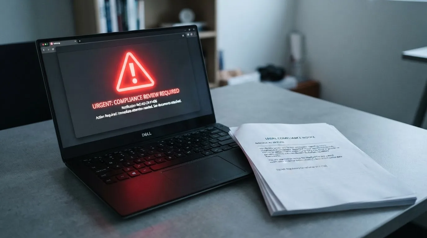 A red triangular warning sign icon on a laptop screen next to a stack of legal papers, symbolising an official caution rather than any specific website.