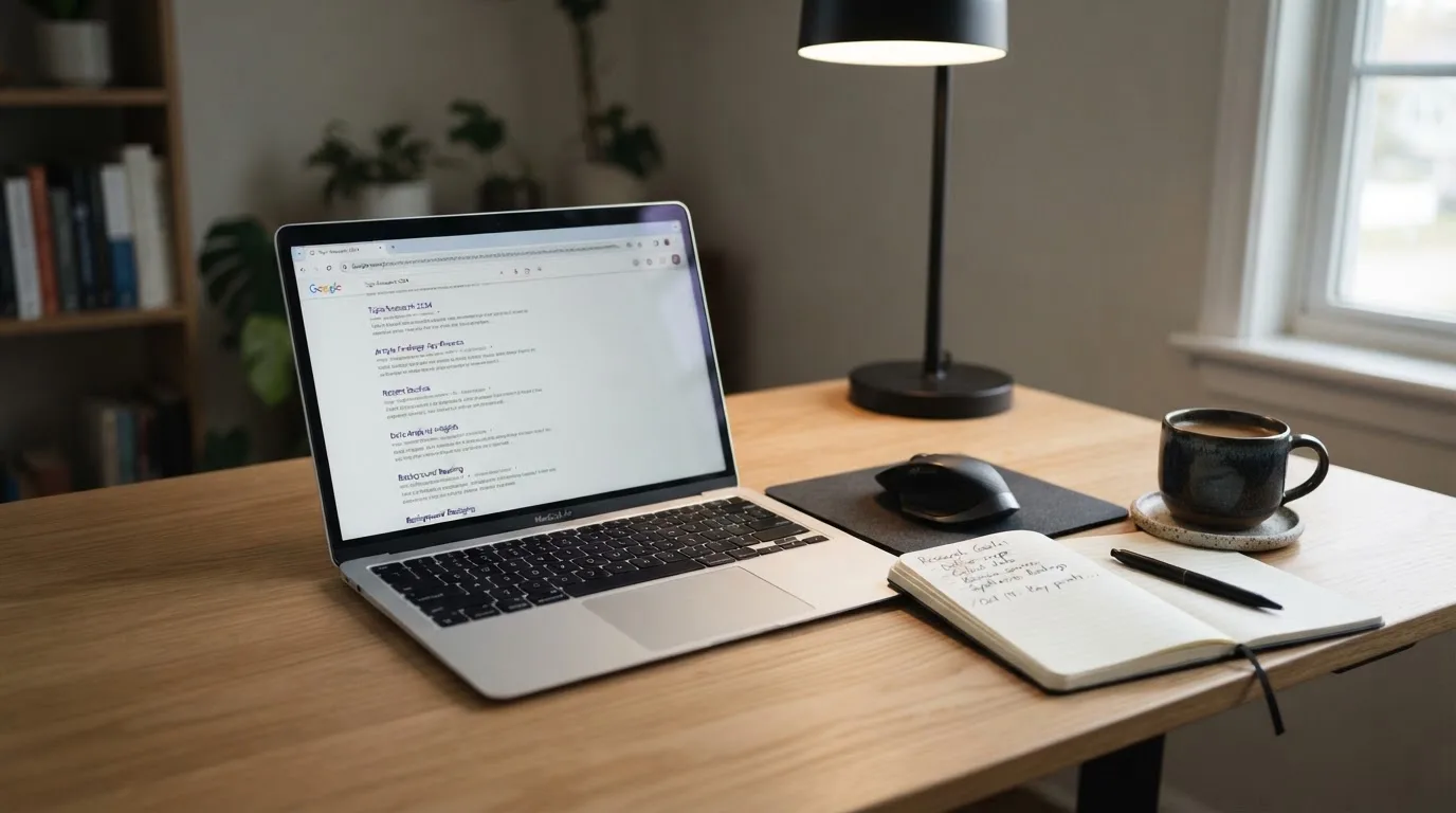 A tidy desk with a laptop open on a plain search-results page, a notebook and a coffee cup beside it, no screens showing any casino branding.