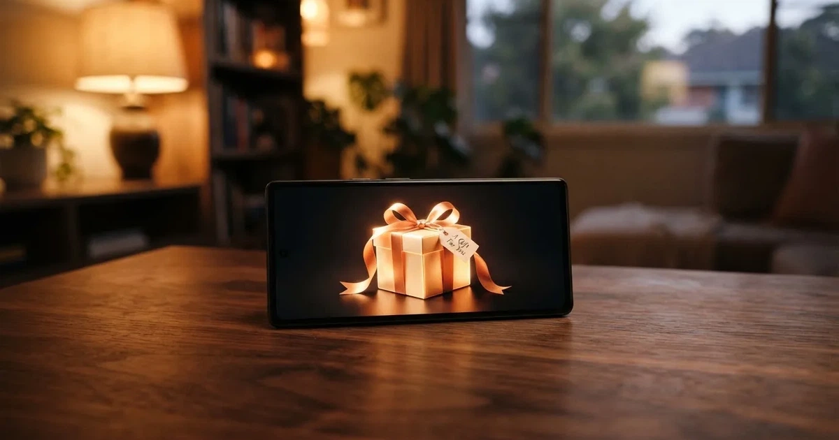 A gift box icon glowing on a phone screen, held at arm's length, suggesting an unopened offer rather than an active game.