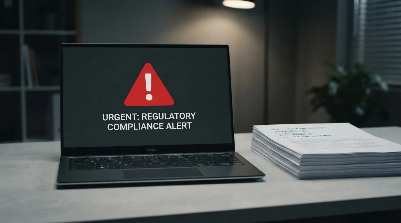 A red triangular warning sign icon on a laptop screen next to a stack of legal papers, symbolising an official caution rather than any specific website.