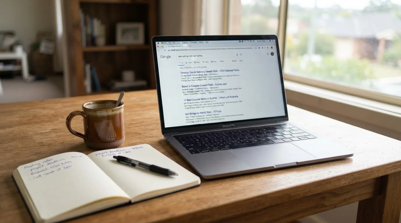 A tidy desk with a laptop open on a plain search-results page, a notebook and a coffee cup beside it, no screens showing any casino branding.