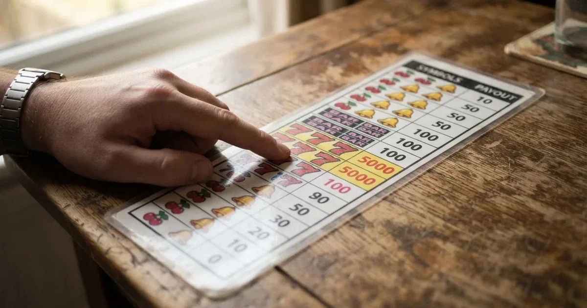 A printed strip of generic slot symbols and payout numbers laid on a desk, like a reference chart rather than a live game.