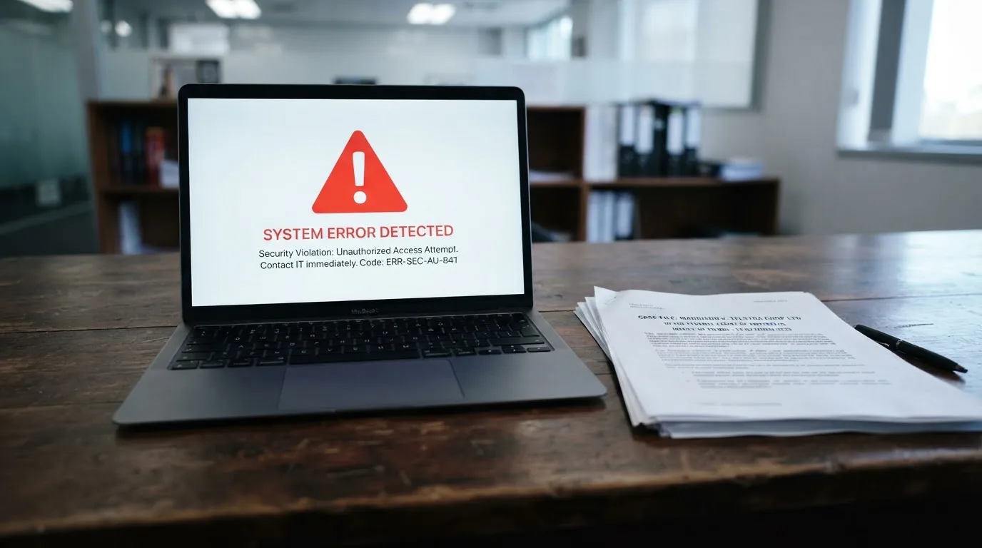 A red triangular warning sign icon on a laptop screen next to a stack of legal papers, symbolising an official caution rather than any specific website.