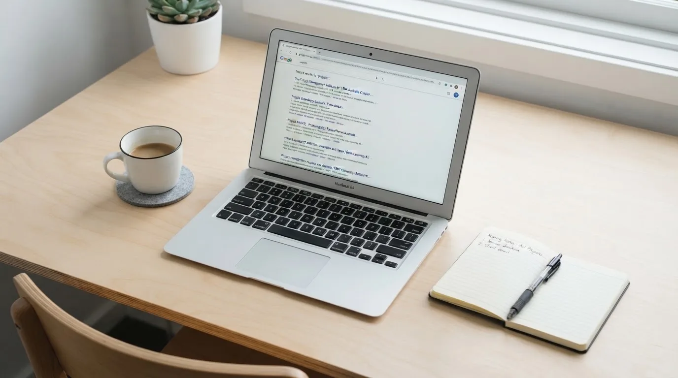 A tidy desk with a laptop open on a plain search-results page, a notebook and a coffee cup beside it, no screens showing any casino branding.
