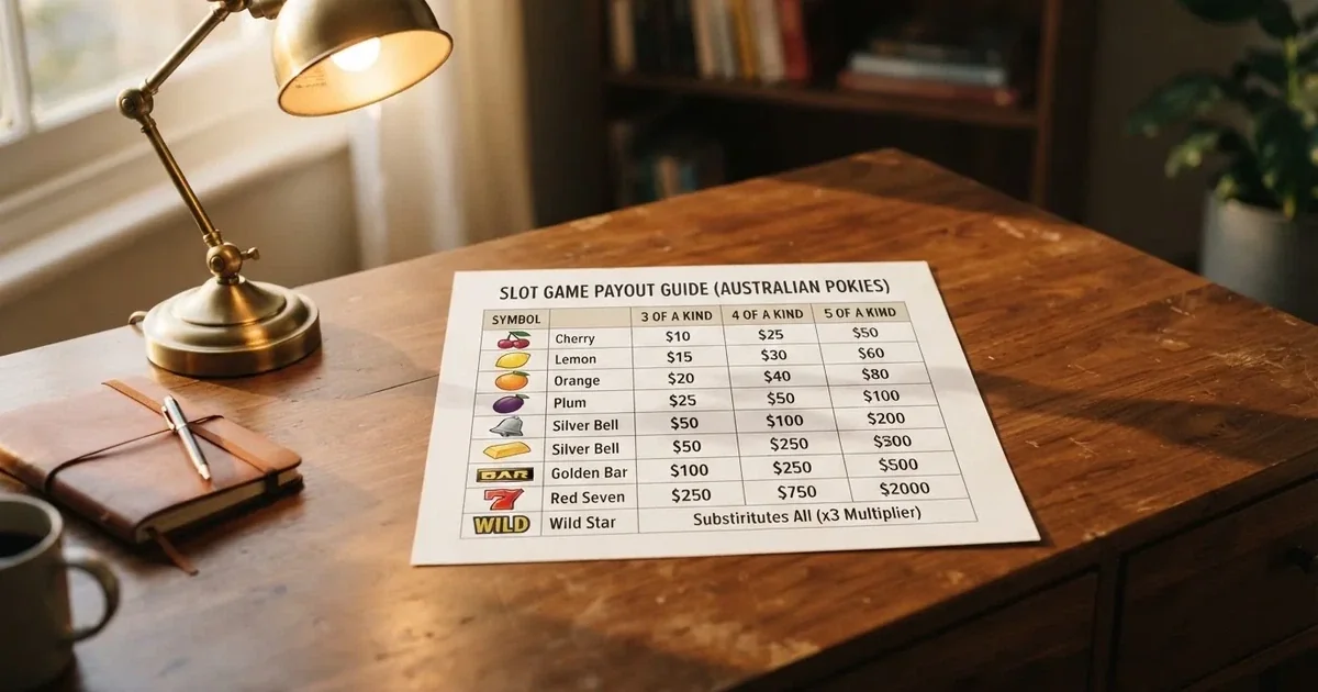 A printed strip of generic slot symbols and payout numbers laid on a desk, like a reference chart rather than a live game.