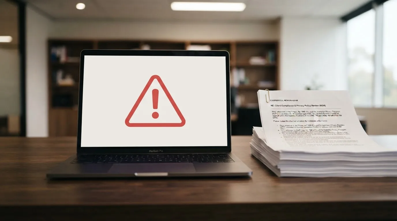 A red triangular warning sign icon on a laptop screen next to a stack of legal papers, symbolising an official caution rather than any specific website.