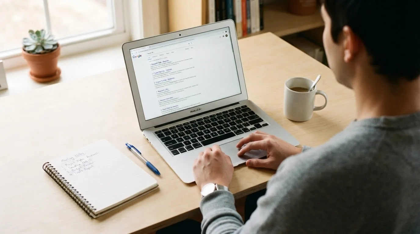 A tidy desk with a laptop open on a plain search-results page, a notebook and a coffee cup beside it, no screens showing any casino branding.