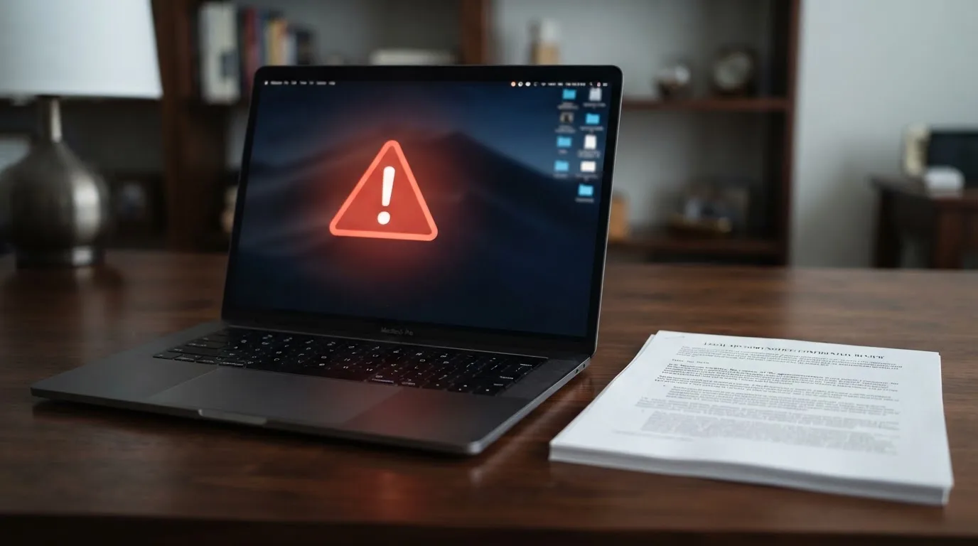 A red triangular warning sign icon on a laptop screen next to a stack of legal papers, symbolising an official caution rather than any specific website.
