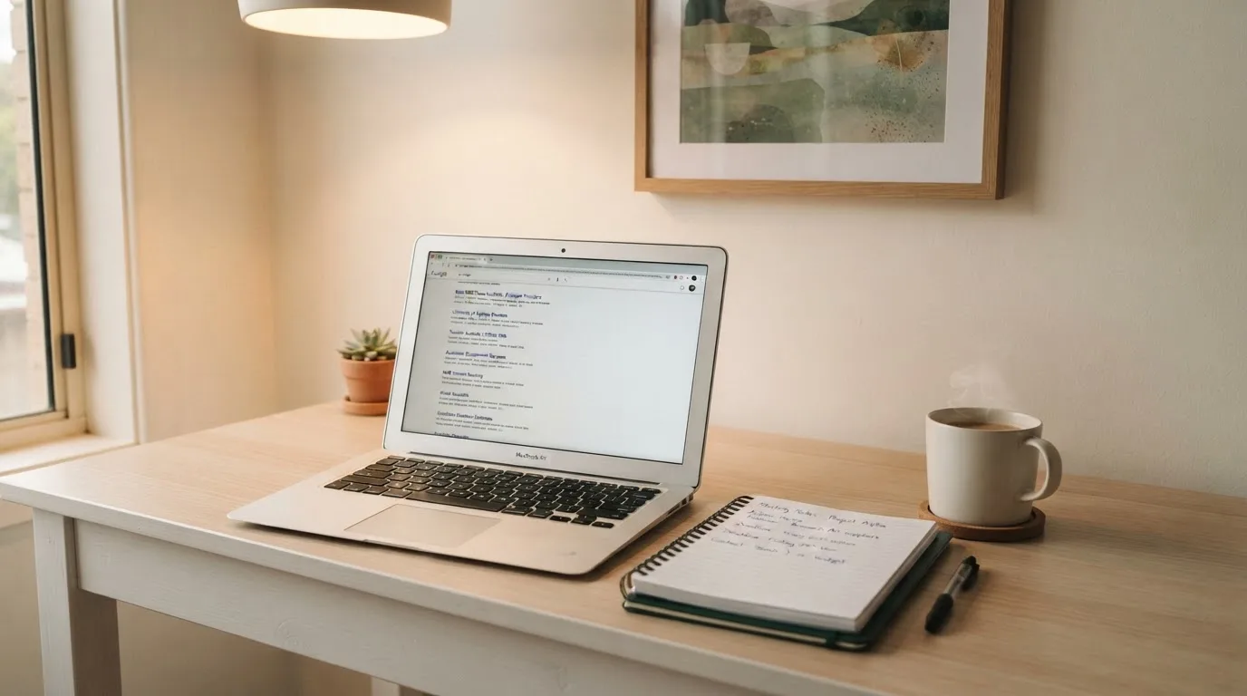 A tidy desk with a laptop open on a plain search-results page, a notebook and a coffee cup beside it, no screens showing any casino branding.