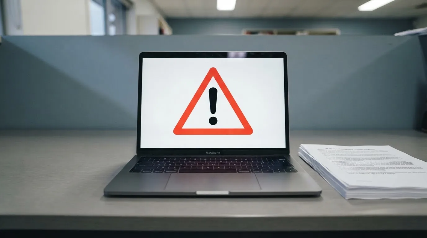A red triangular warning sign icon on a laptop screen next to a stack of legal papers, symbolising an official caution rather than any specific website.