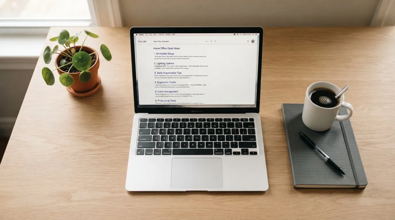 A tidy desk with a laptop open on a plain search-results page, a notebook and a coffee cup beside it, no screens showing any casino branding.