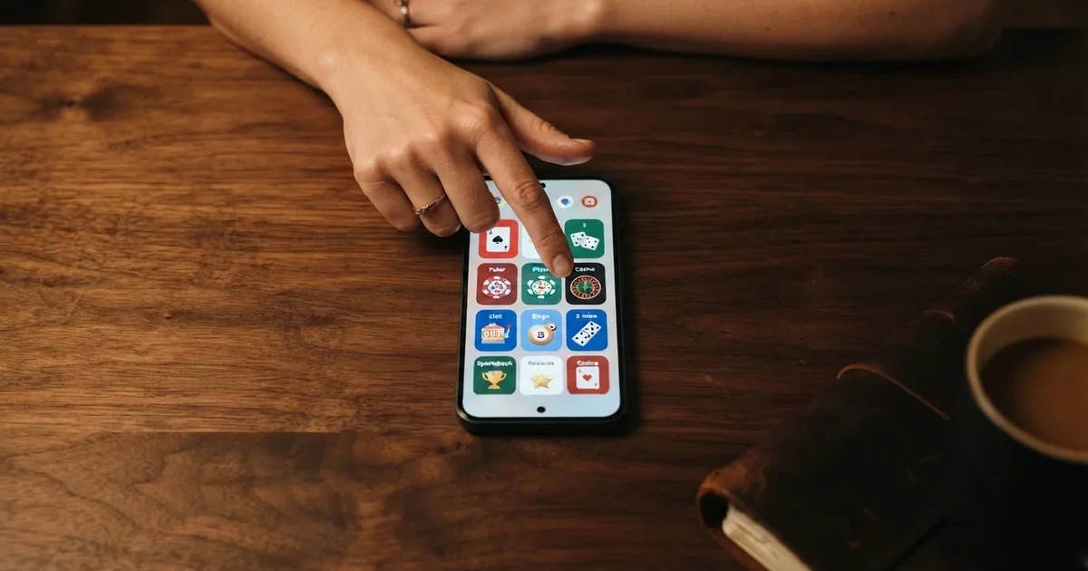 A hand tapping a smartphone screen showing generic app icons, none of them branded.