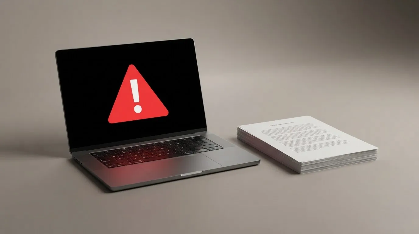 A red triangular warning sign icon on a laptop screen next to a stack of legal papers, symbolising an official caution rather than any specific website.
