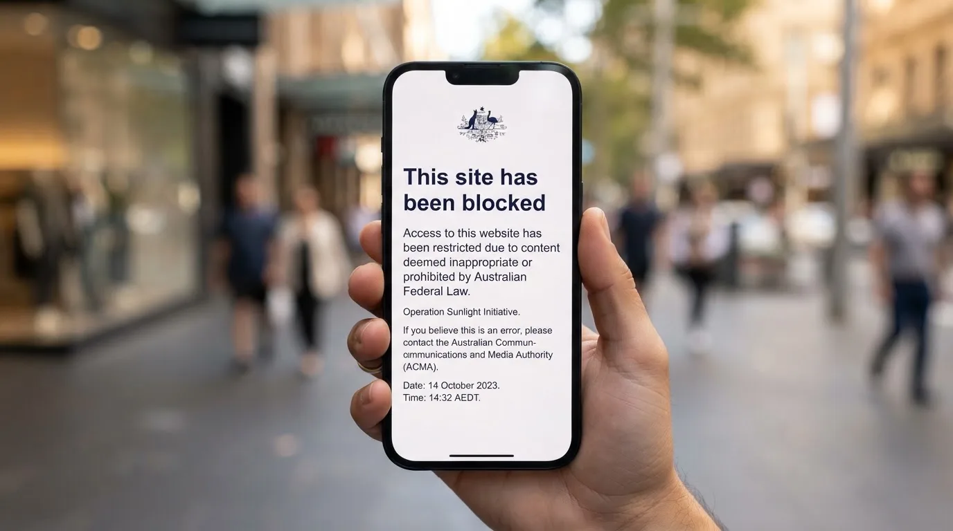A smartphone screen showing a plain government warning notice about a blocked website, held against a blurred background.