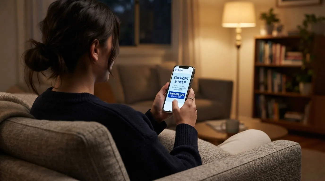 A person sitting calmly with a phone open to a support helpline page, no gaming screen visible.