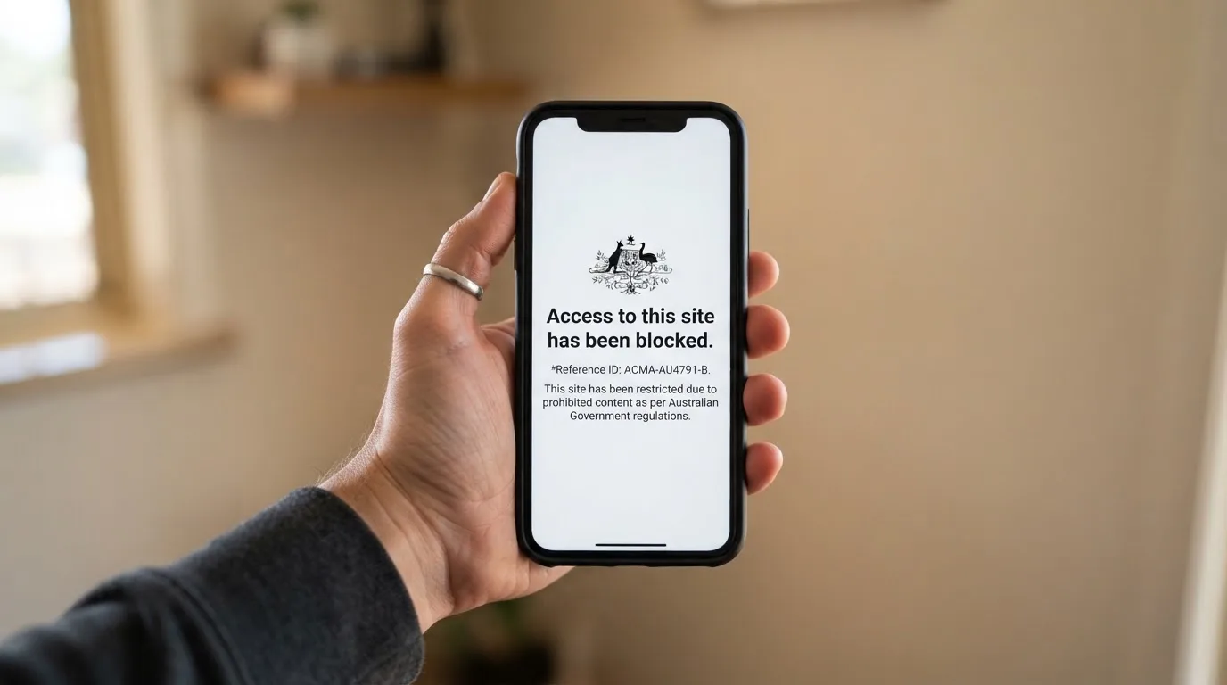 A smartphone screen showing a plain government warning notice about a blocked website, held against a blurred background.