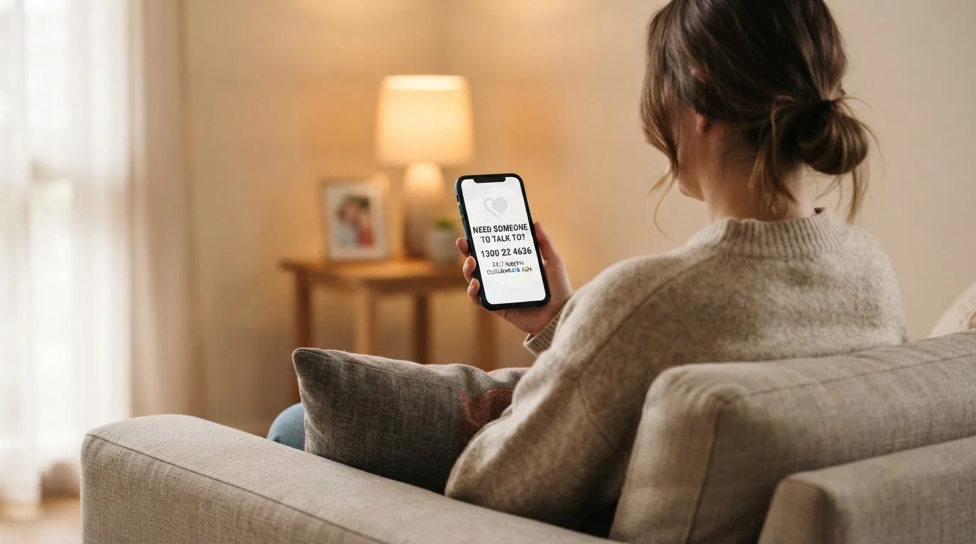 A person sitting calmly with a phone open to a support helpline page, no gaming screen visible.