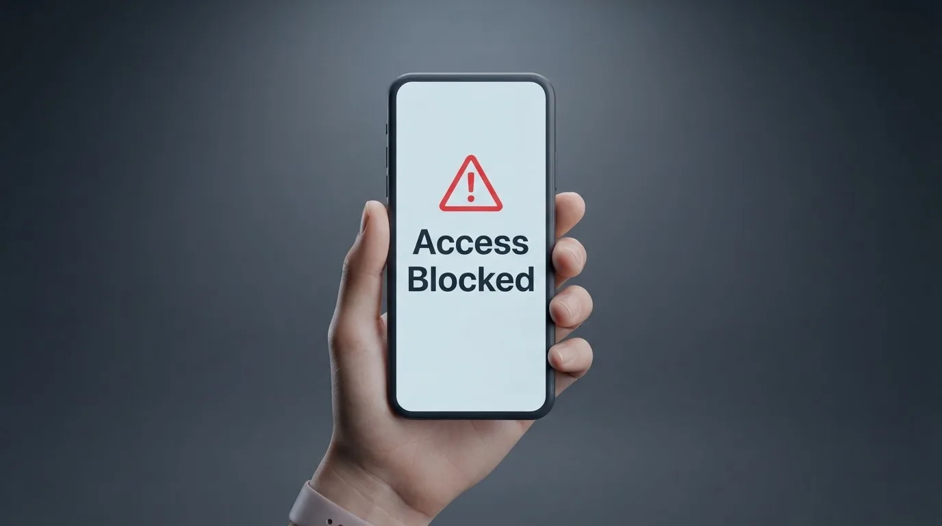 A smartphone screen showing a plain government warning notice about a blocked website, held against a blurred background.